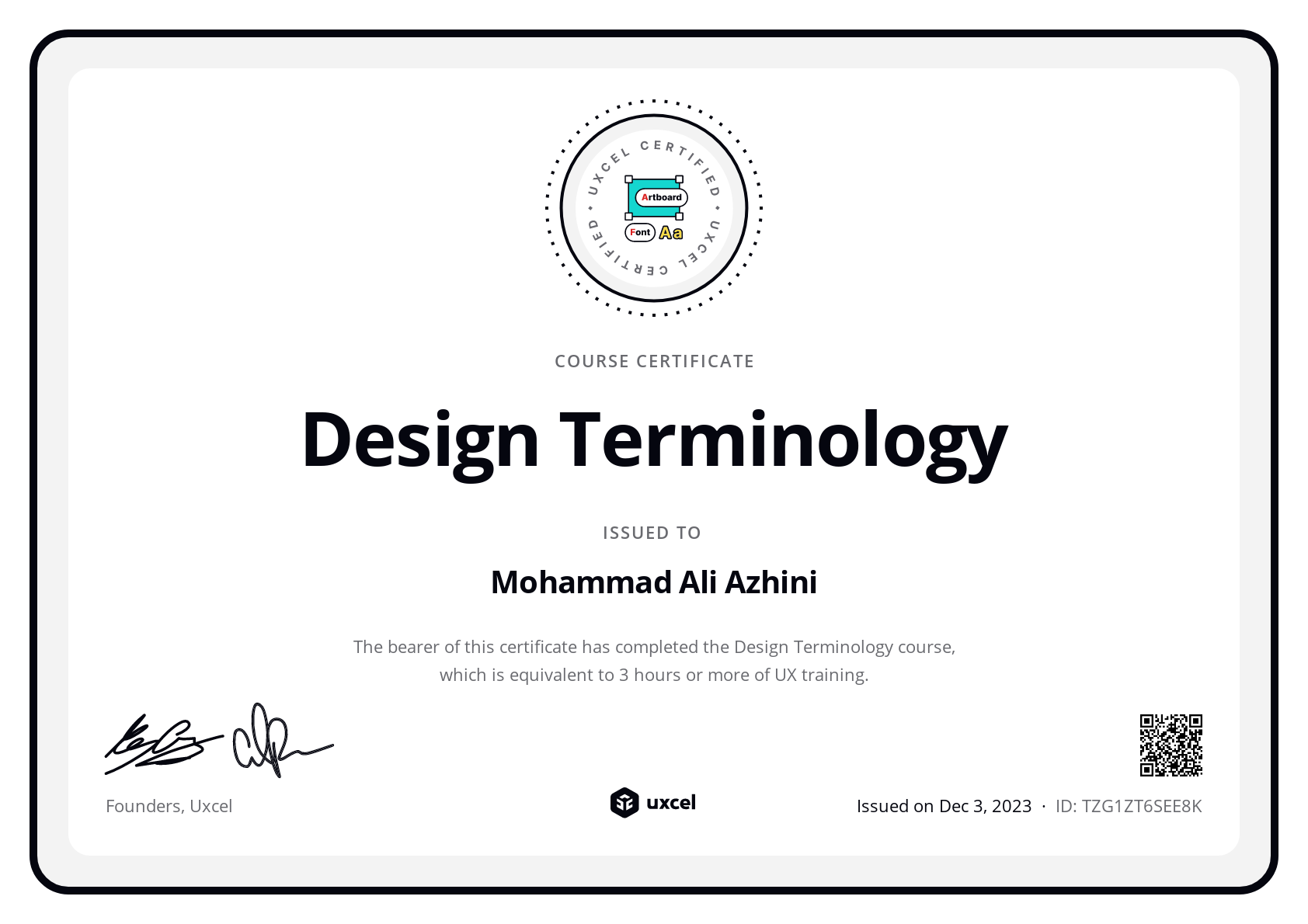 Mohammad Ali Azhini's certificate